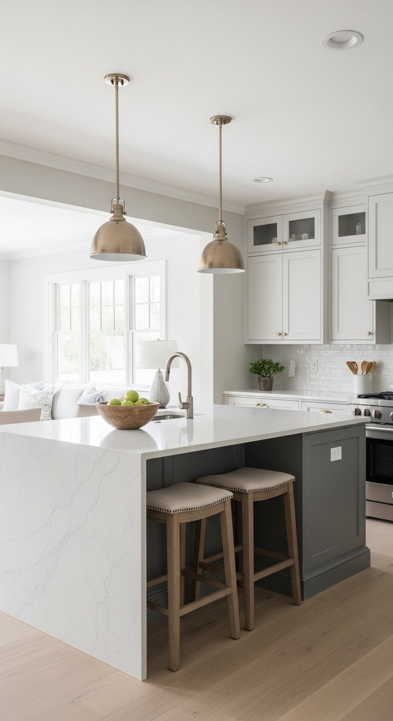 Rustic wood floating shelves on white tiled kitchen wall, styled with white ceramic dishes & vibrant green plants.