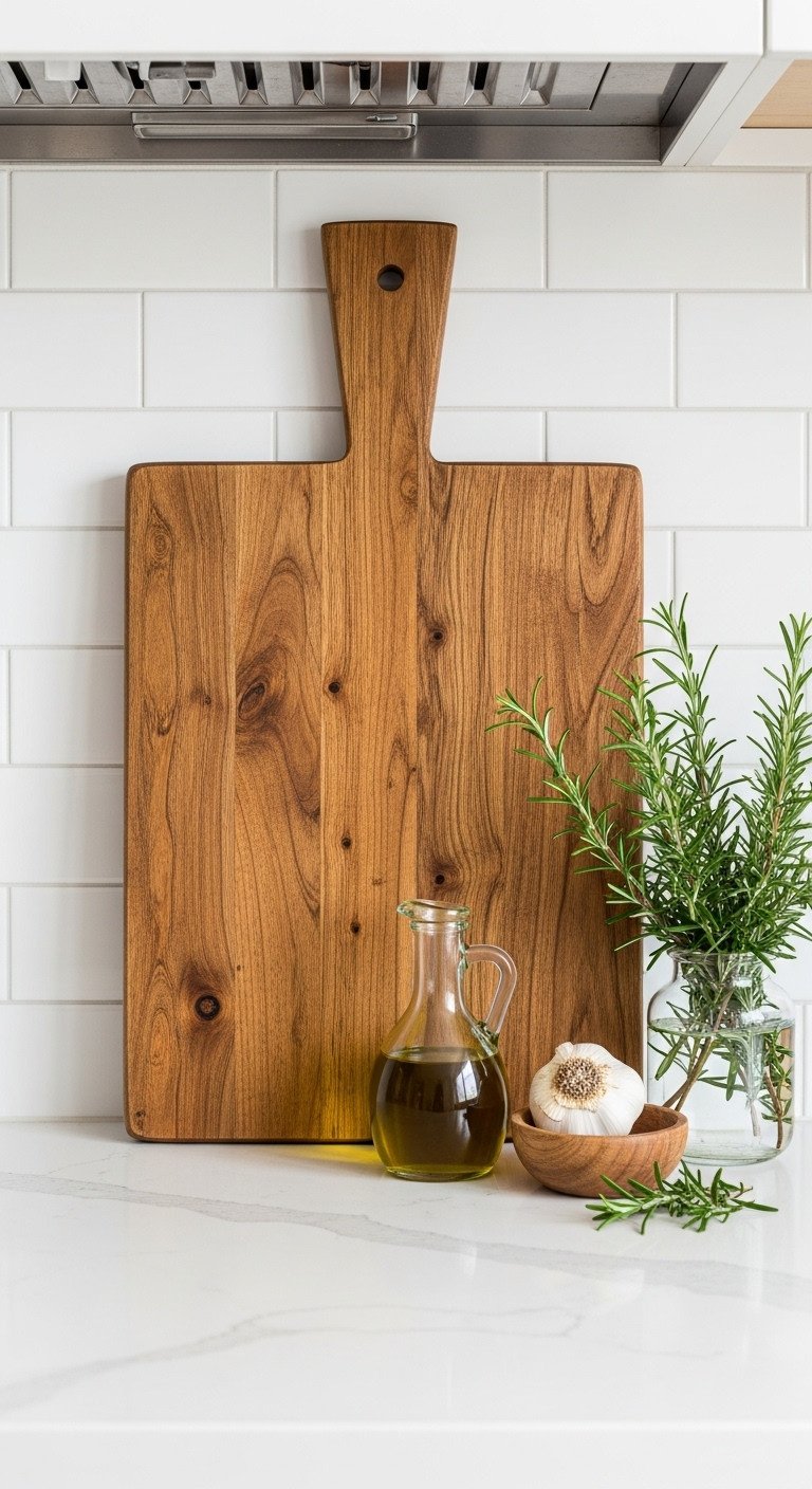 How To Make A Kitchen Cozy A Simple Method For Apartments 9 Rustic wooden cutting board leaning on subway tile backsplash, white quartz counter with olive oil, garlic, rosemary. Kitchen decor.