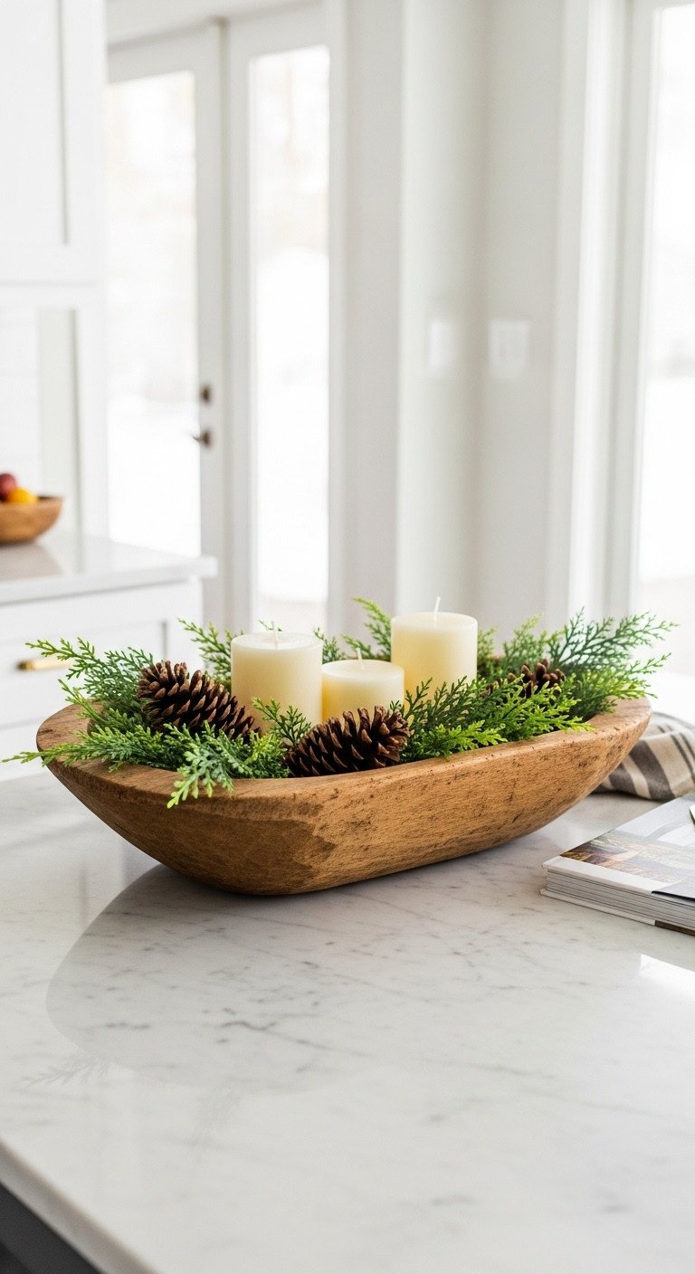 7 January Decor After Christmas Kitchen Ideas For A Cozy Reset 11 Rustic wooden dough bowl with faux greenery pinecones and cream pillar candles on a kitchen island