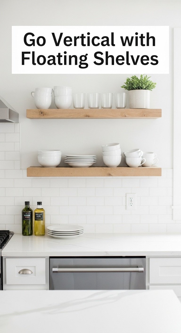 Rustic wooden floating shelves on a white kitchen wall styled with white ceramic dinnerware, clear glassware, and a small potted succulent