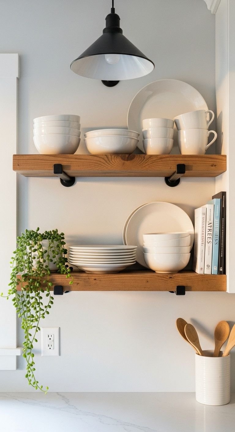 Effortless Farmhouse Kitchen Ideas For Any Apartment 7 Rustic wooden floating shelves with matte black brackets, styled with white ceramic dishes, a trailing plant, and cookbooks. Farmhouse kitchen decor.