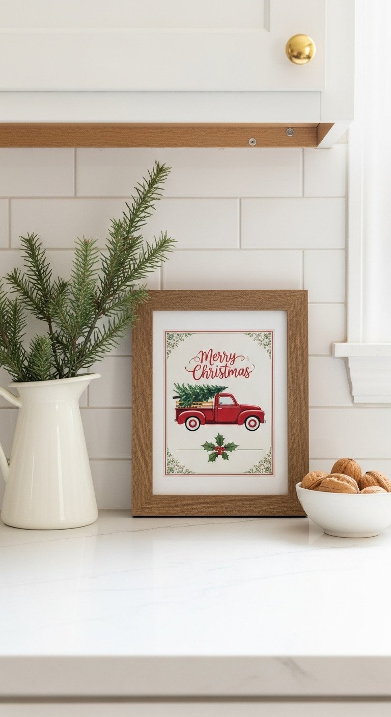 Rustic wooden frame with vintage Christmas truck printable leaning against kitchen beadboard backsplash with pitcher and walnuts