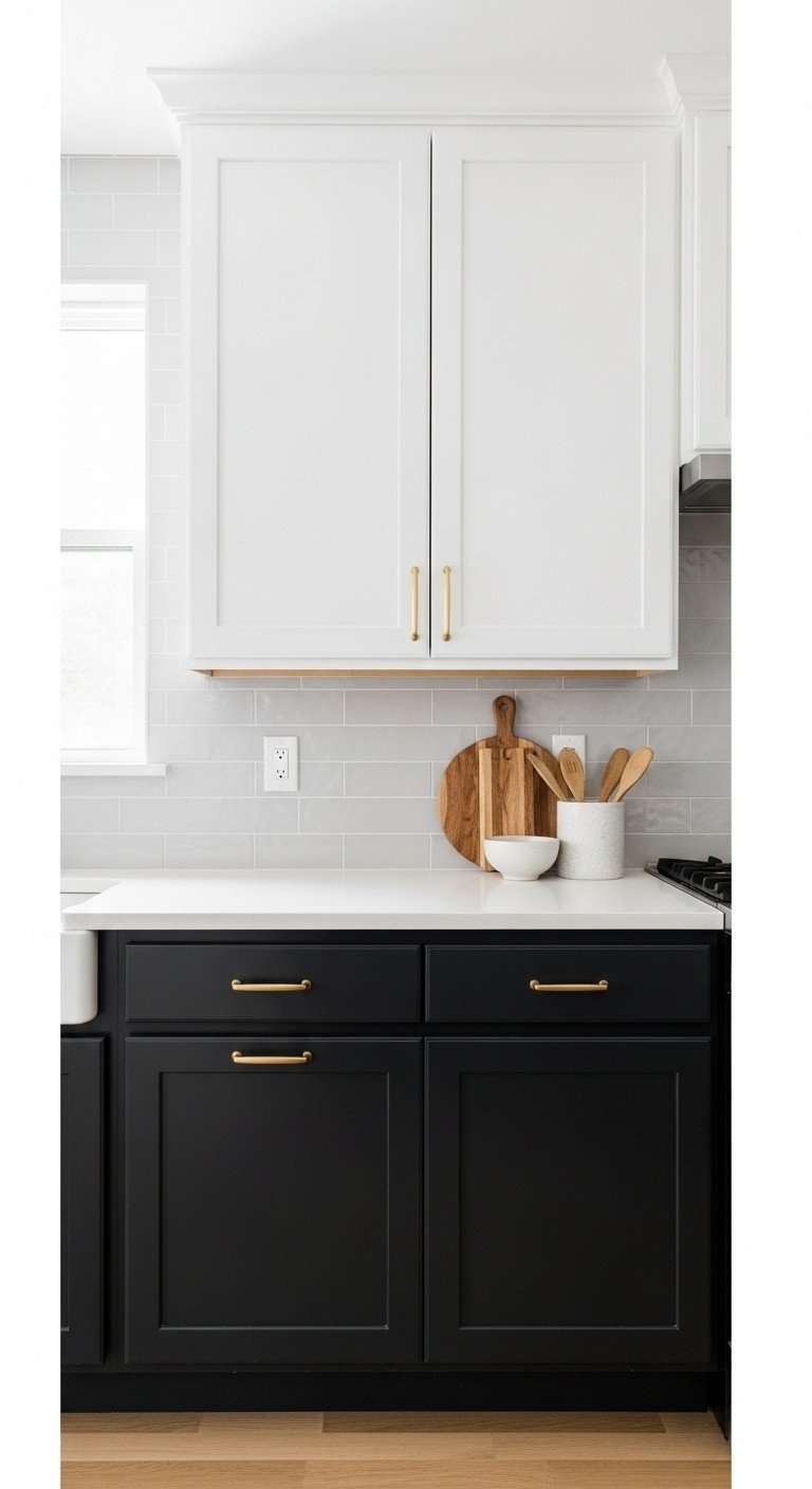 Rustic wooden open kitchen shelves on matte black brackets, styled with white ceramic dishes, succulent, and gold decor.