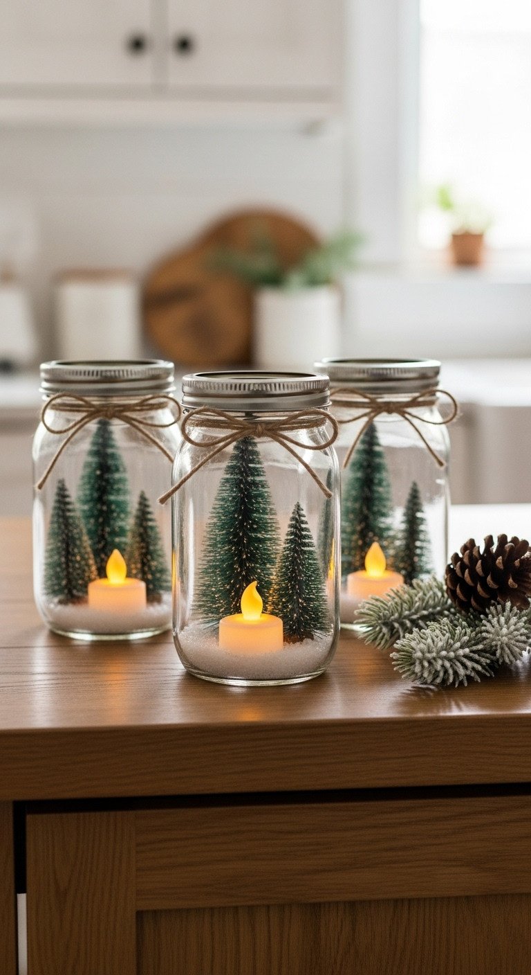 Rustic wooden sign, galvanized buckets with frosted greenery & pinecones on warm wood farmhouse kitchen cabinet.