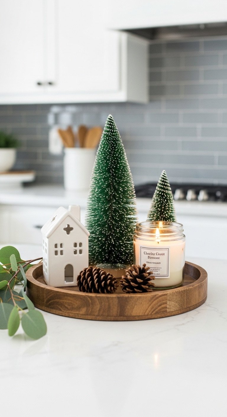 Rustic wooden tray with a Christmas vignette of a ceramic house bottle brush tree and scented candle on a kitchen counter