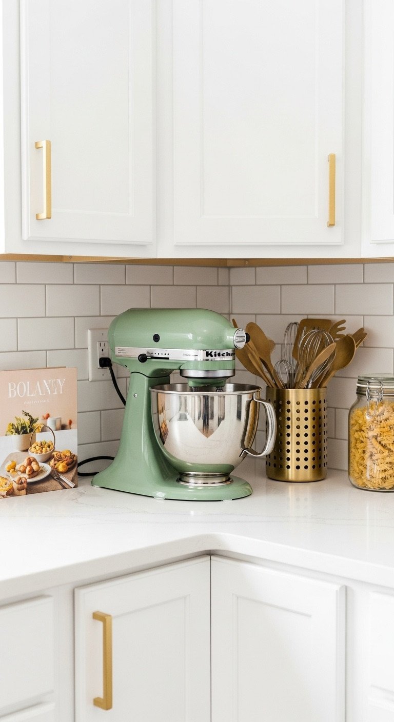 Sage green KitchenAid stand mixer on a white quartz countertop next to a gold utensil holder in a sophisticated kitchen.