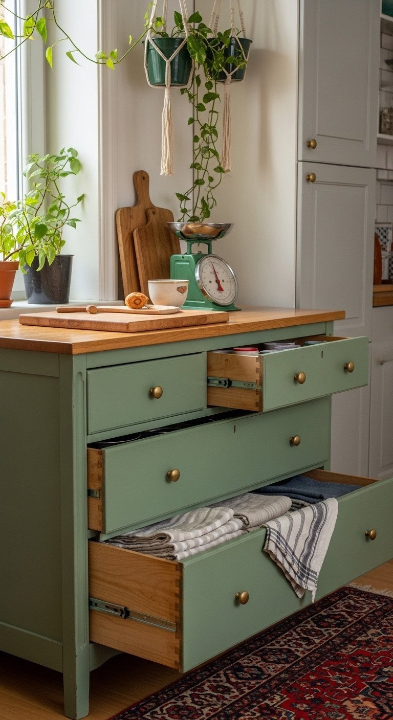 Genius Apartment Kitchen Island Ideas That Maximize Space 10 Sage green vintage dresser repurposed as a kitchen island, with brass knobs, cutting board, and neatly organized kitchen linens.