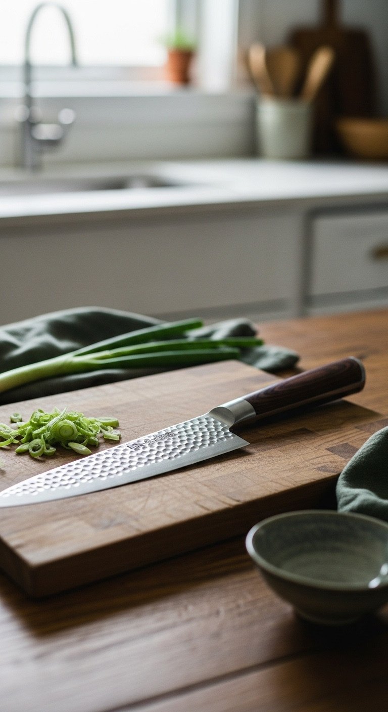 Santoku knife with dimpled blade and dark wood handle resting on an end grain cutting board