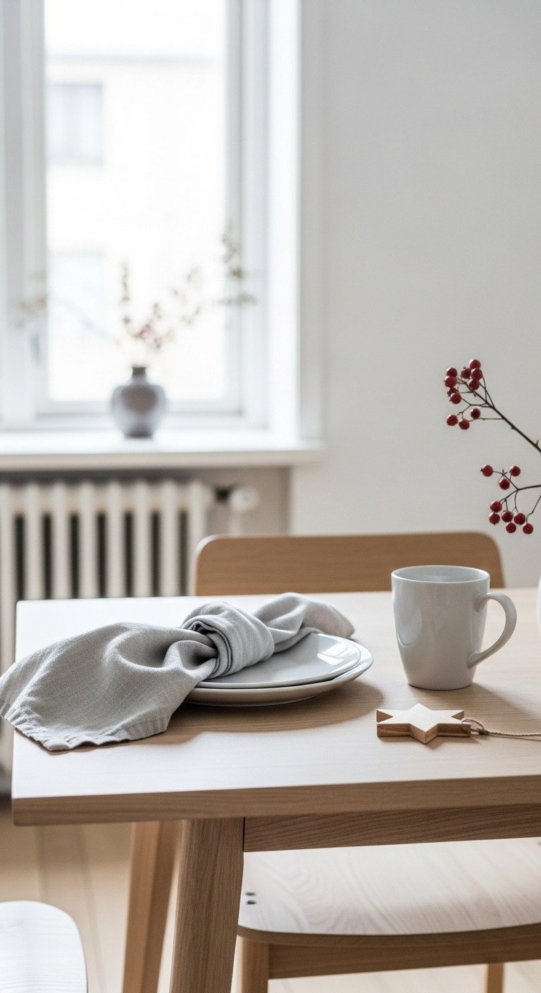 Christmas Table Decor Ideas To Inspire Every Style 9 Scandinavian Christmas table with simple white plate, gray linen napkin, wooden star, dried berries on light wood.