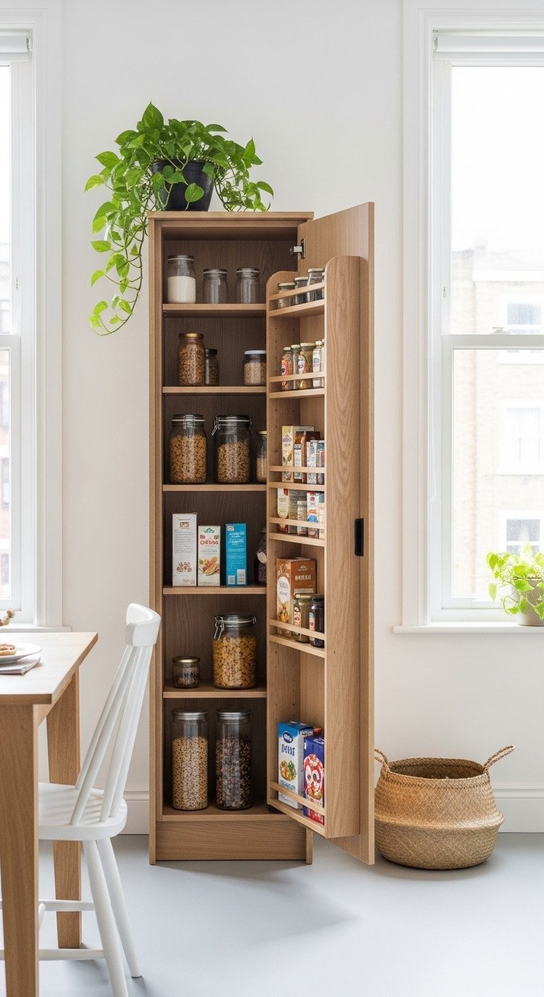 Brilliant Uk Apartment Kitchen Ideas For Renters And Small Spaces 8 Scandinavian UK kitchen with light oak freestanding larder unit, door ajar showing organized jars, pasta, cereal.