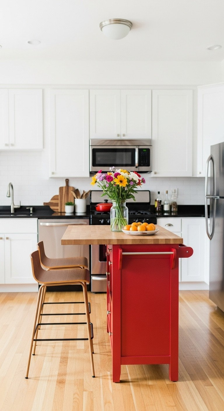 9 Red Apartment Kitchen Ideas That Look Open And Bright 9 Scarlet red kitchen island, butcher block top, bar stools. Bright open-plan kitchen. Modern style.