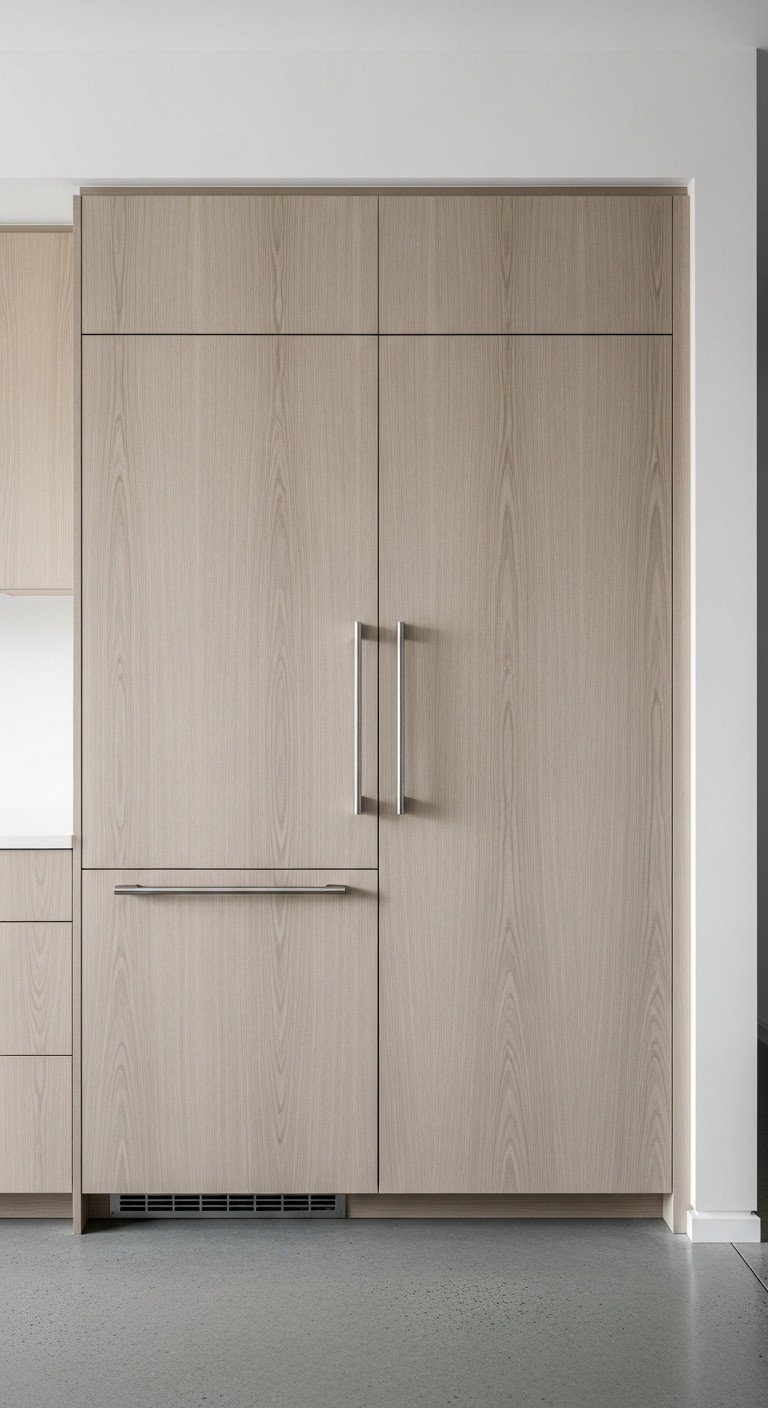 Seamless built in panel ready refrigerator and dishwasher integrated into light wood kitchen cabinetry