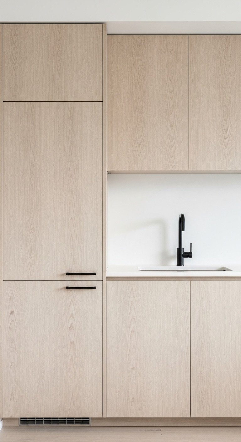 Seamless flat panel handleless kitchen cabinets in light wood grain with a black faucet