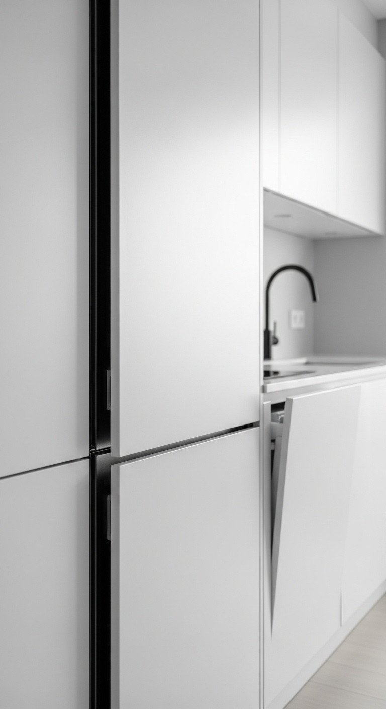 Seamless matte white handleless kitchen cabinets with integrated refrigerator and slightly ajar door revealing push to open mechanism