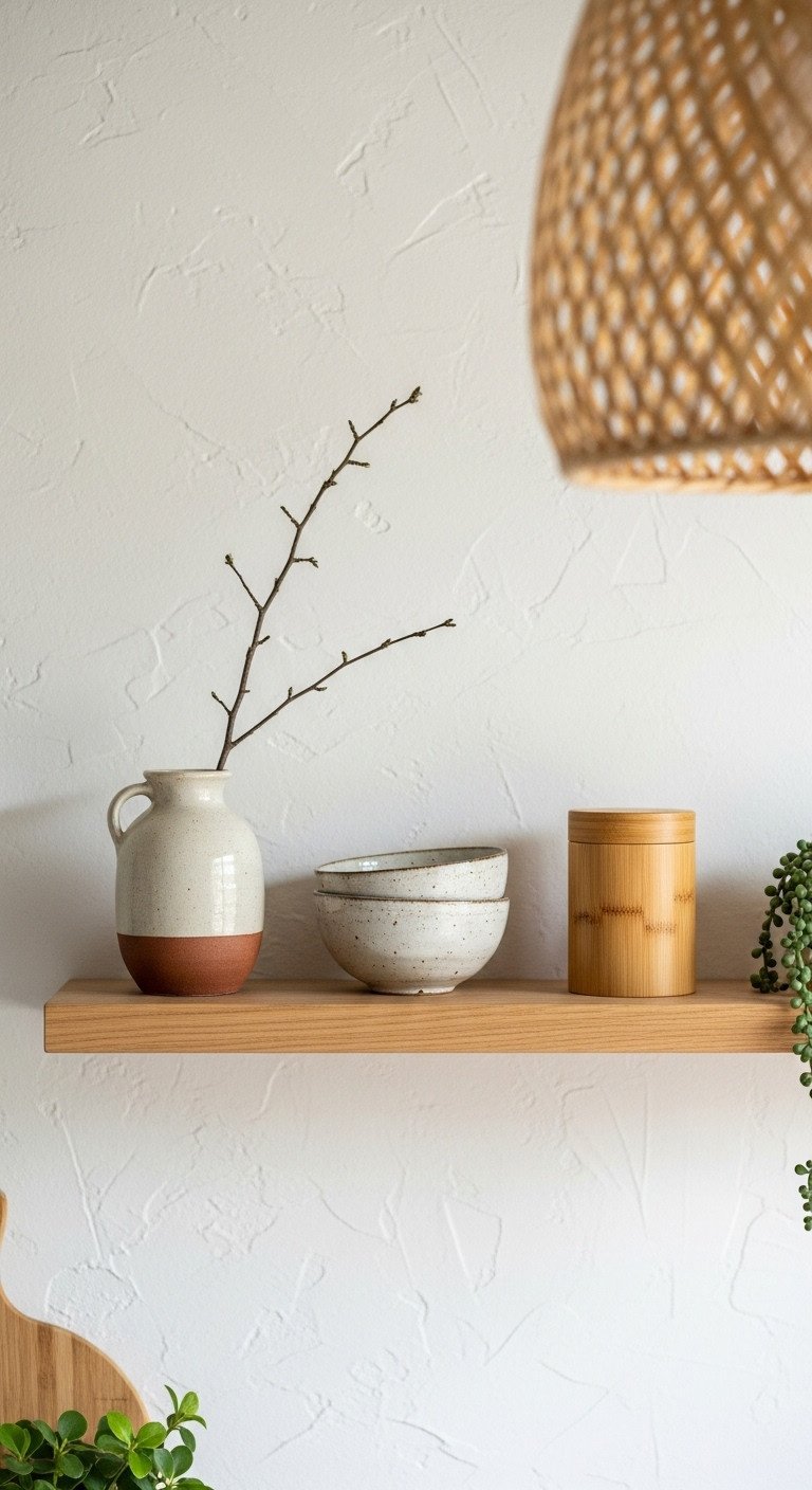 Serene Japandi kitchen with a light wood floating shelf, wabi-sabi vase, ceramic bowls, and bamboo tea, against a textured wall.