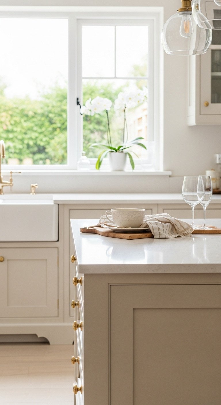 Serene Japandi kitchen with cream cabinets sand-colored quartz countertop white orchid and linen dishtowel overlooking a green garden