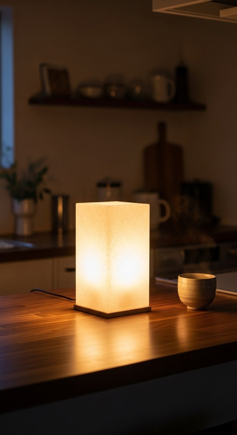 Serene Japanese kitchen at dusk with soft, diffused lighting from a glowing rice paper table lamp on a dark walnut countertop