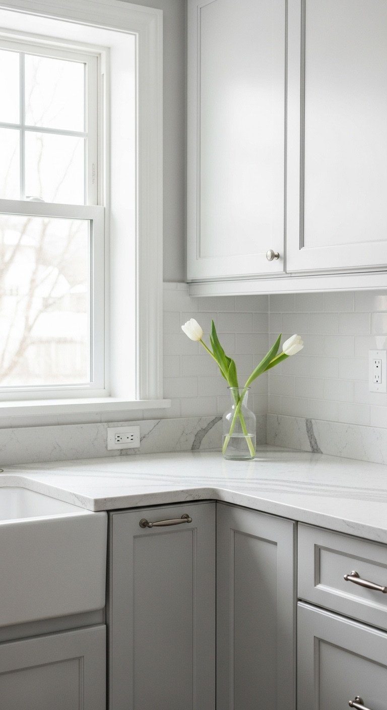 Serene U-shaped kitchen featuring light gray cabinets with matching quartz countertops, brushed nickel pulls & a white tulip in a glass vase.