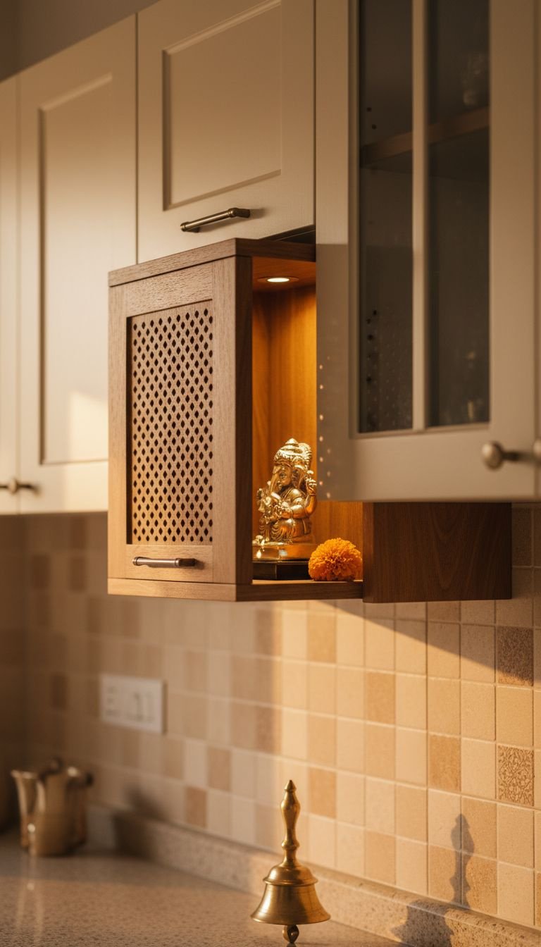 Serene Vastu-compliant Indian kitchen with cream cabinets, integrated sheesham wood pooja nook, silver idol, and marigold flower.