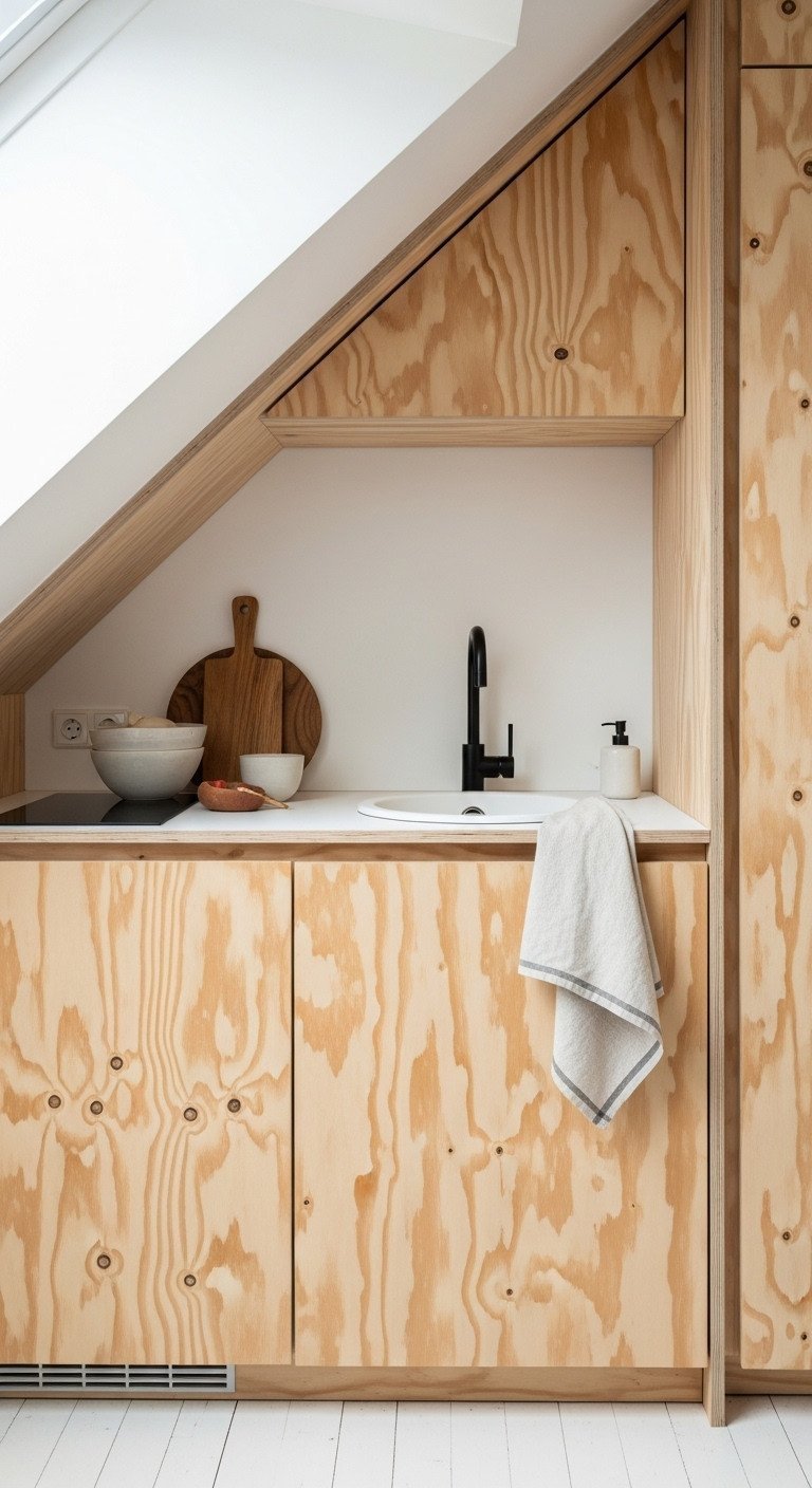 Serene minimalist attic kitchenette nook: light birch plywood cabinets, white solid surface counter, round sink, matte black faucet, ceramic bowl.
