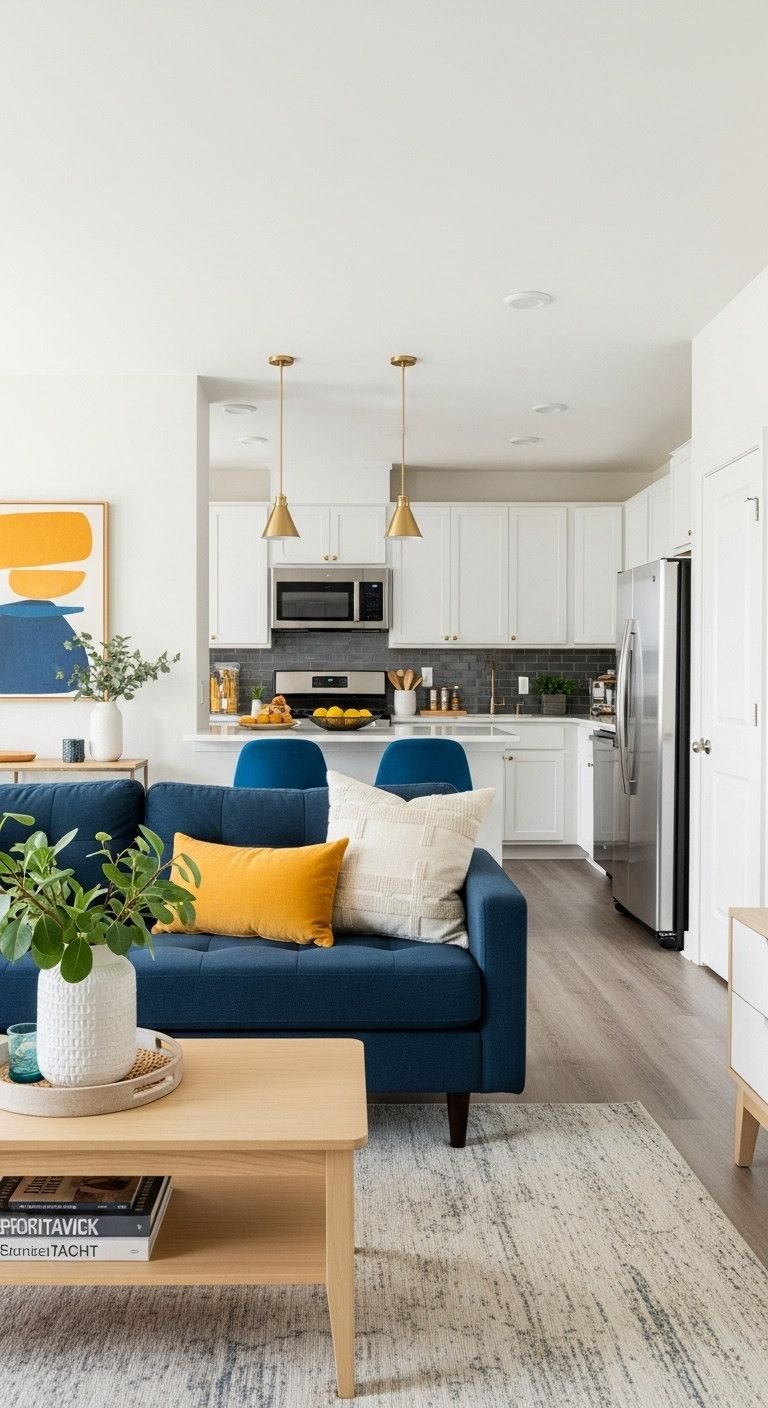 13 Genius Open Concept Apartment Ideas To Create Perfect Flow 7 Serene open concept apartment. Harmonious off-white, navy blue sofa, ochre yellow accents, modern minimalist interior design.