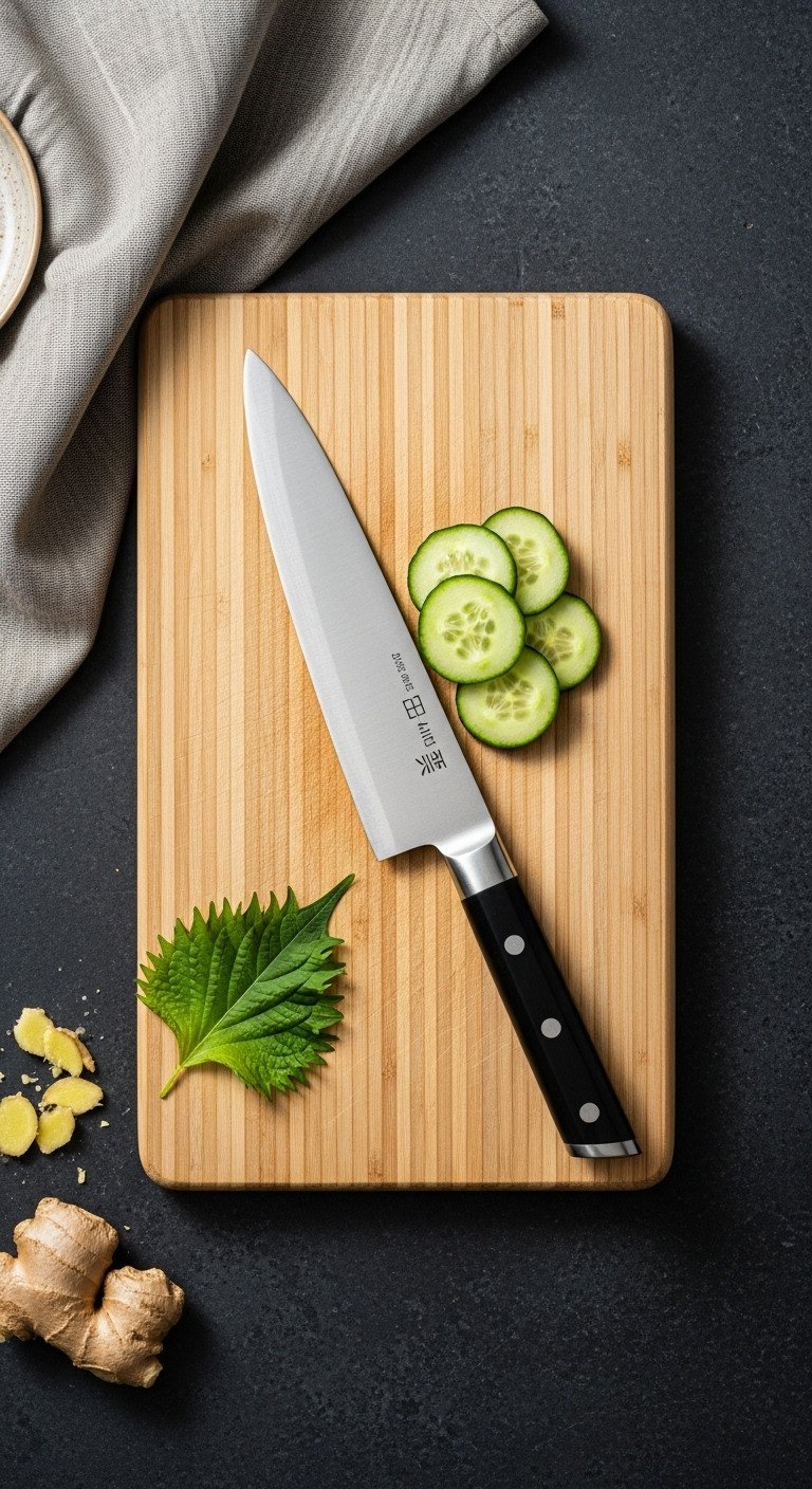Sharp Santoku Japanese chef's knife on Hinoki wood cutting board with thin cucumber slices fresh ginger and shiso leaf