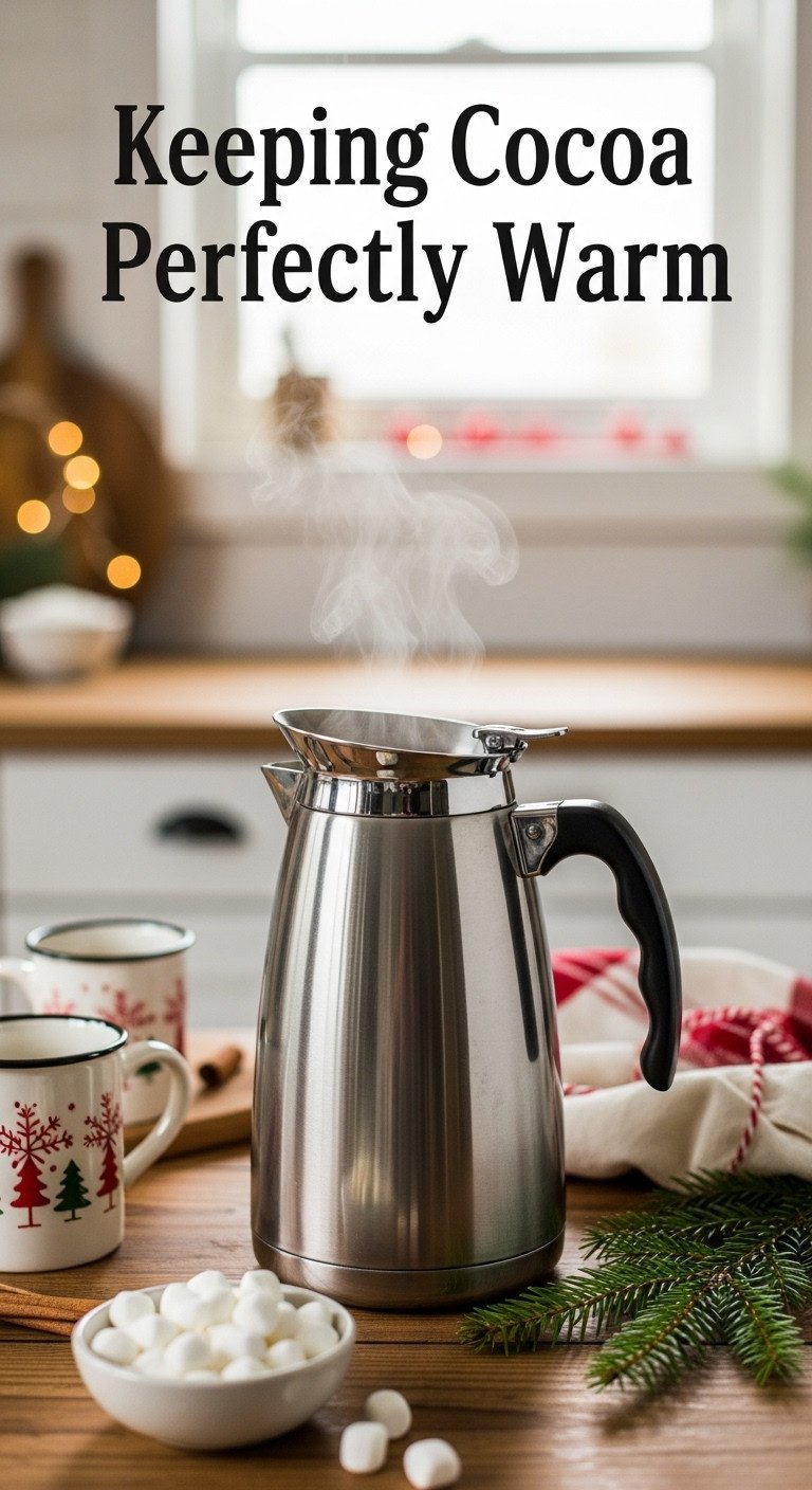 Silver hot chocolate dispenser steaming on rustic wooden table with mugs and marshmallows cozy Christmas kitchen bar