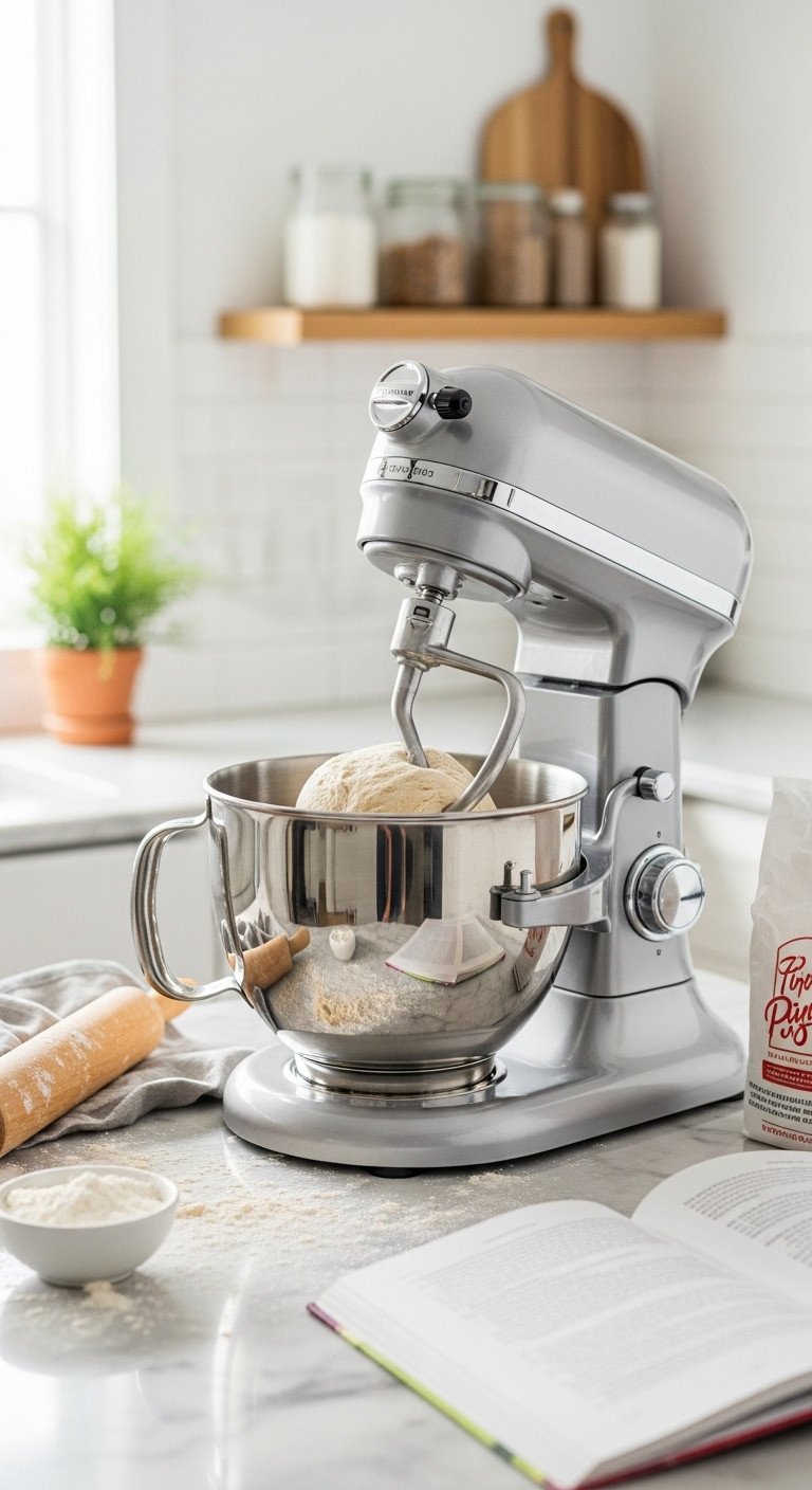 Silver stand mixer kneading bread dough on a marble countertop in a baker's kitchen