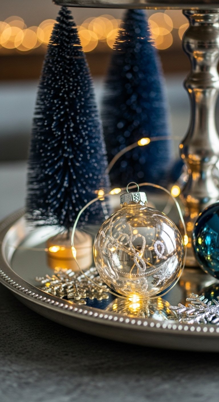 Silver tiered tray, blue and silver Christmas decor. Features mercury glass ornament, navy bottle brush trees, silver snowflakes, fairy lights.