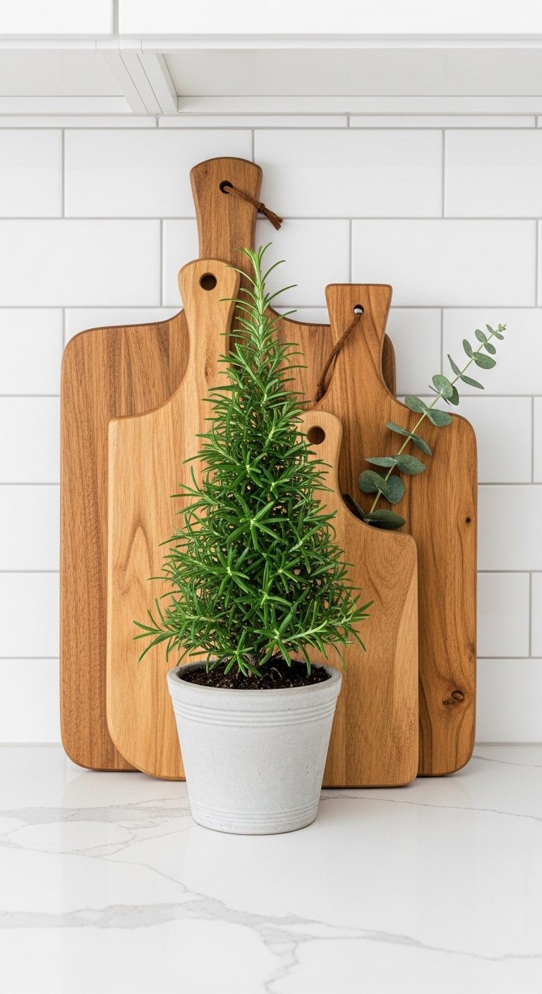 Simple Christmas kitchen counter decor: three wooden cutting boards, rosemary tree plant, and eucalyptus sprig on quartz.