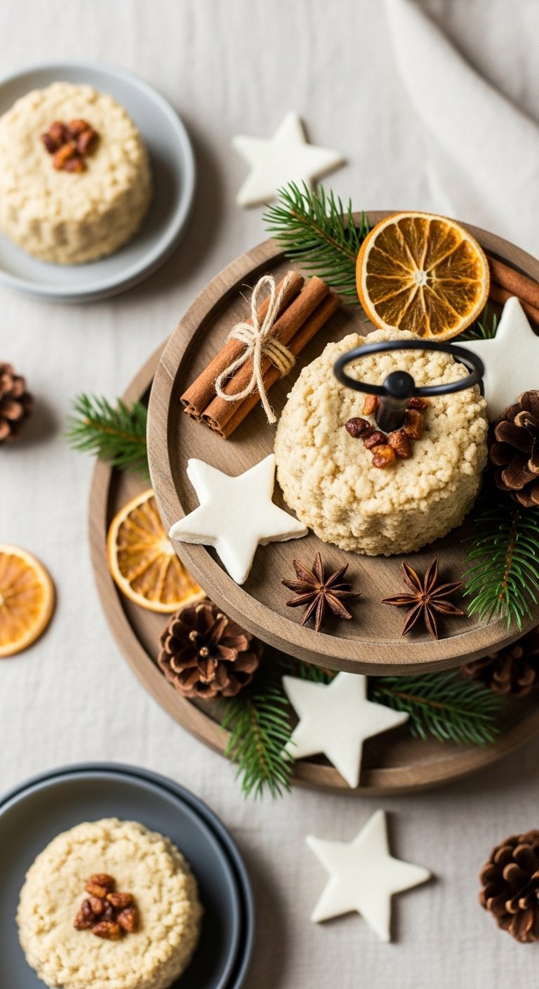 Simple tiered tray with DIY natural Christmas decor. Features dried orange slices, cinnamon sticks, salt dough stars, pinecones. Eco-friendly holiday.