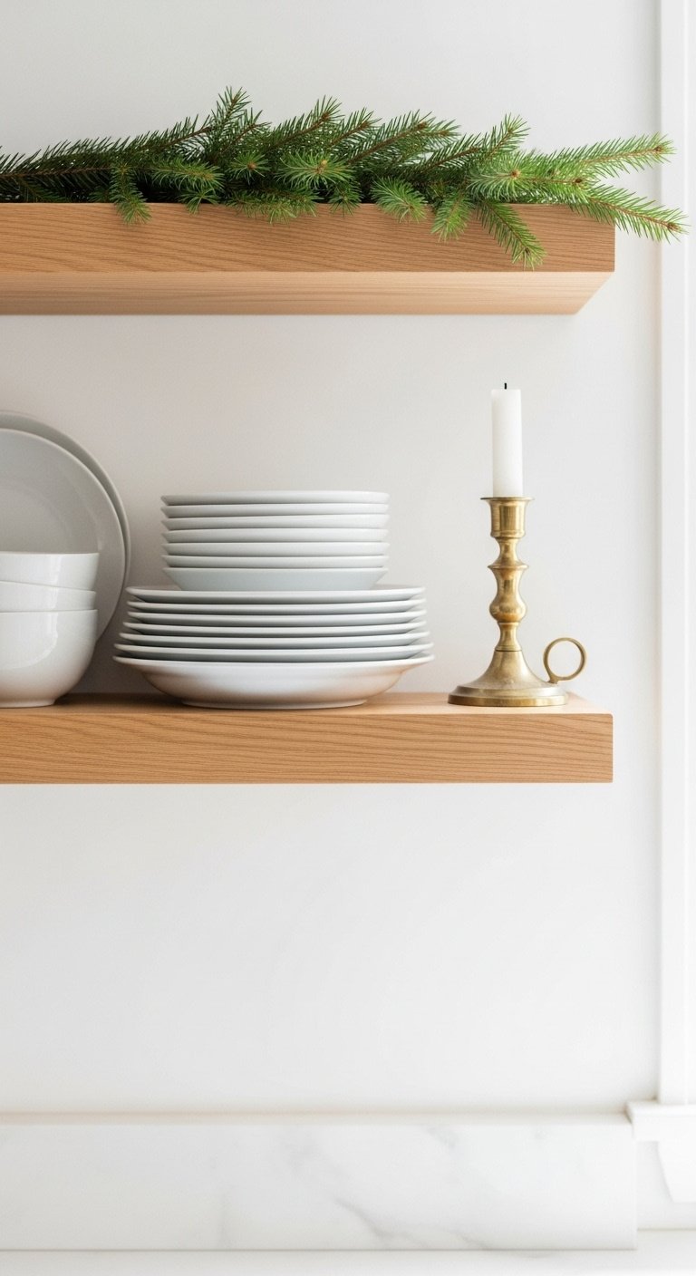 Simply styled Christmas open kitchen shelving: light oak shelf, white ceramic dishes, fresh fir, and vintage brass candlestick.