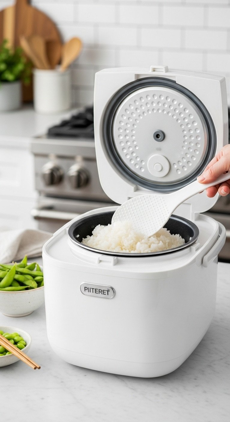 Sleek Japanese electric rice cooker with fluffy white rice and paddle on a marble countertop