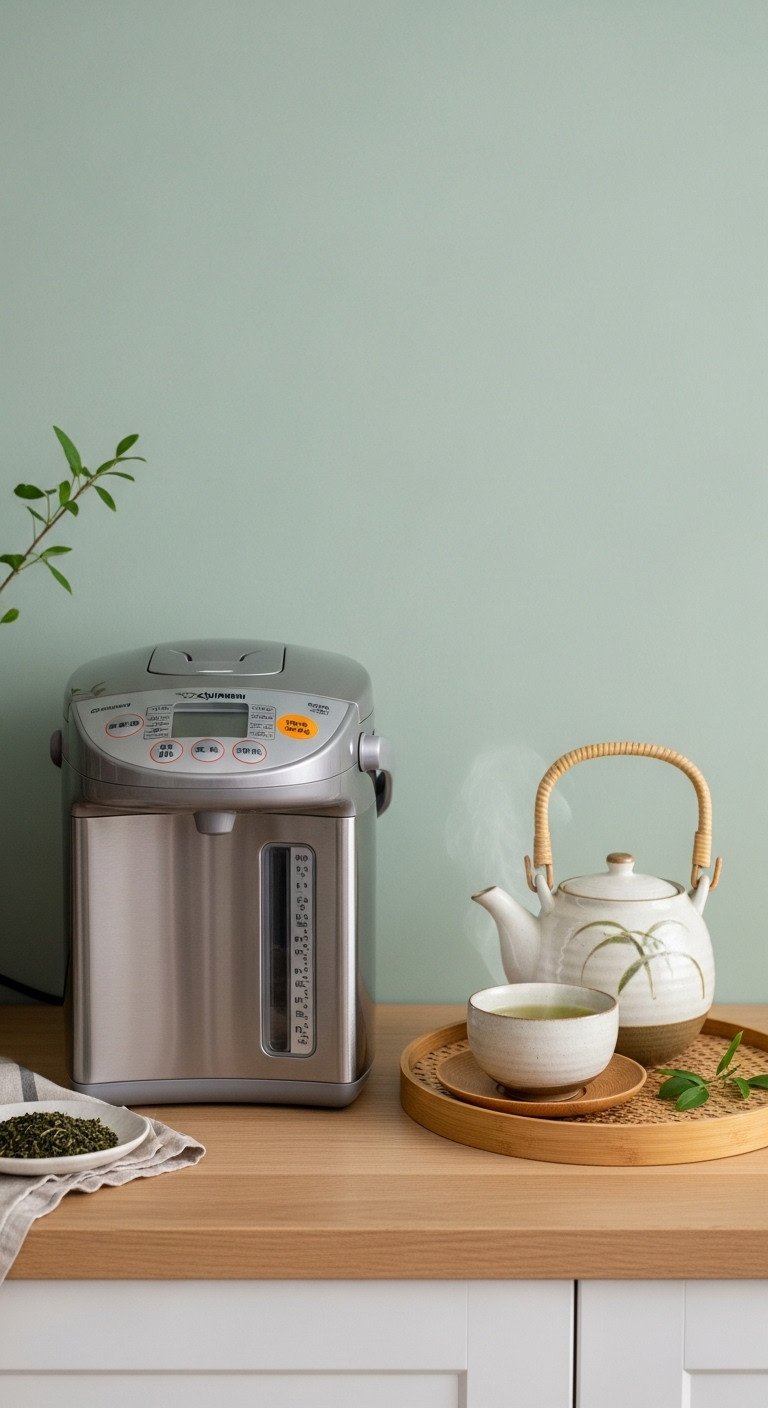 Sleek Zojirushi electric water boiler with Japanese ceramic teapot and steaming green tea on bamboo tray