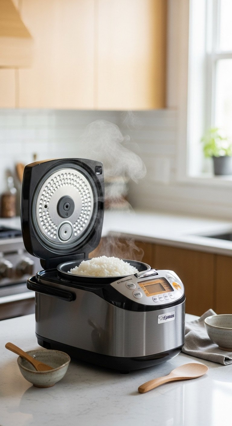 Sleek Zojirushi rice cooker with open lid steaming fluffy white rice on a quartz countertop