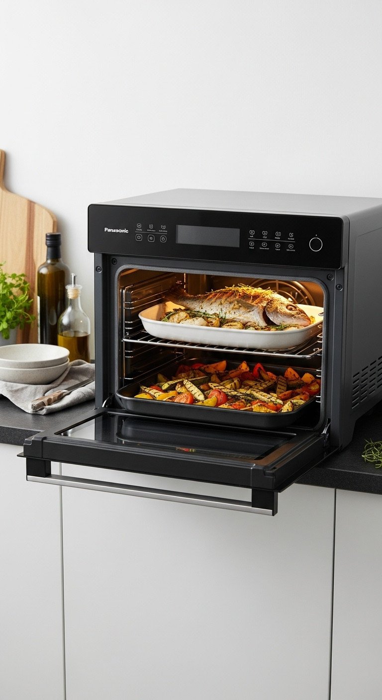 Sleek black Panasonic combination steam oven with steamed fish and roasted vegetables inside