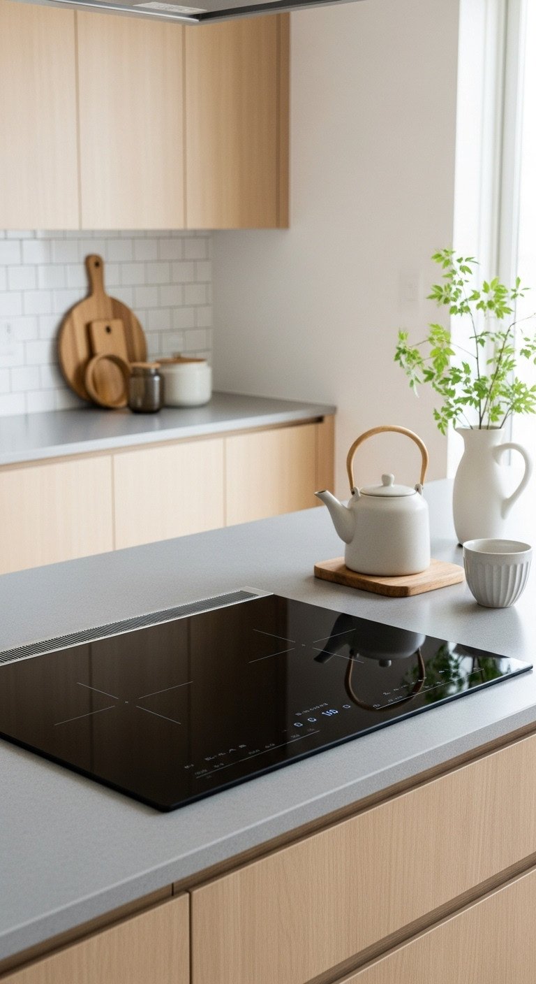 Sleek black induction cooktop flush mounted into a light gray quartz countertop