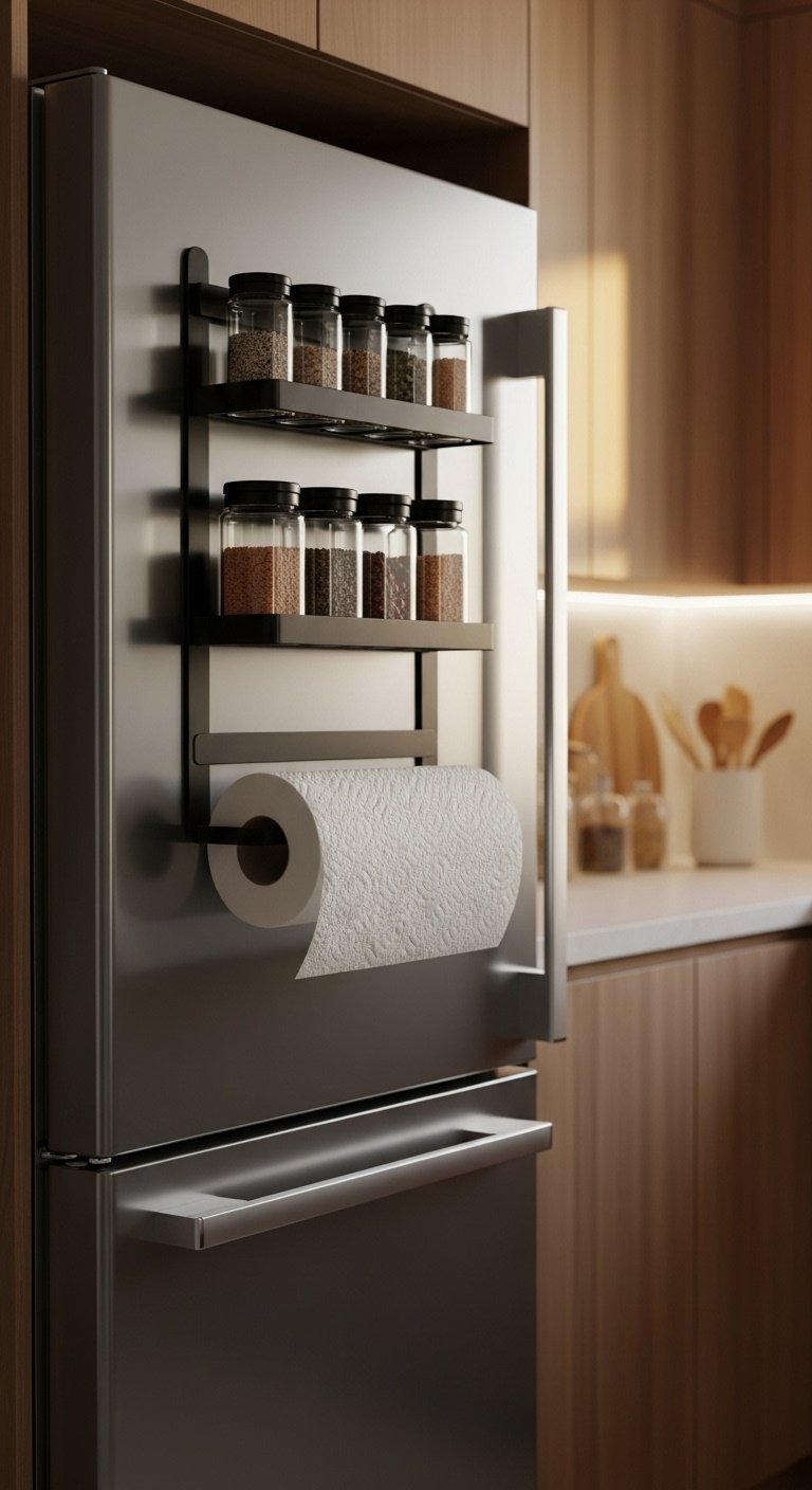 11 Smart Apartment Kitchen Organization Ideas For Renters 9 Sleek black magnetic spice rack and paper towel holder on a stainless steel refrigerator, organizing uniform glass spice jars.