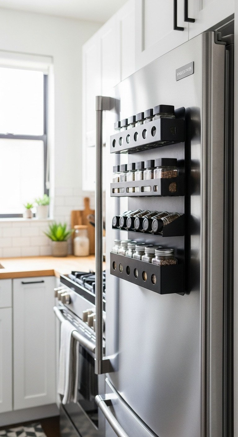 13 Genius Studio Apartment Kitchen Hacks That Save Space 1 Sleek black magnetic spice rack with minimalist glass jars on a stainless steel refrigerator in a modern small kitchen. Organized home decor.