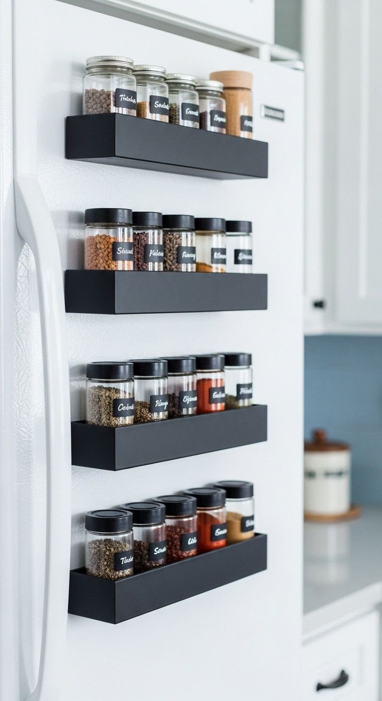 13 Charming Vintage Apartment Kitchen Ideas For Renters 20 Sleek black magnetic spice racks with labeled jars on the side of a white refrigerator, showcasing efficient kitchen organization.