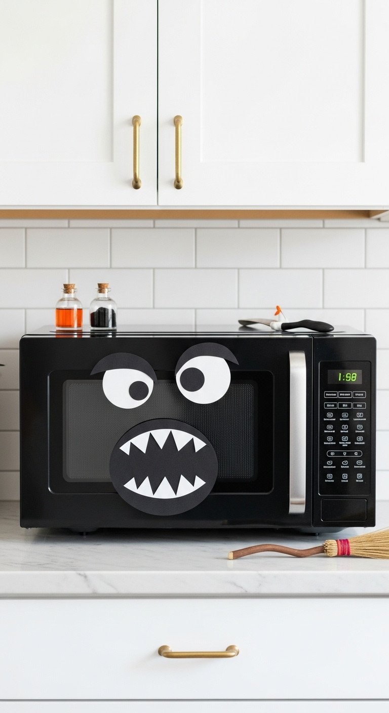 Sleek black microwave decorated with a cute monster face on a marble countertop