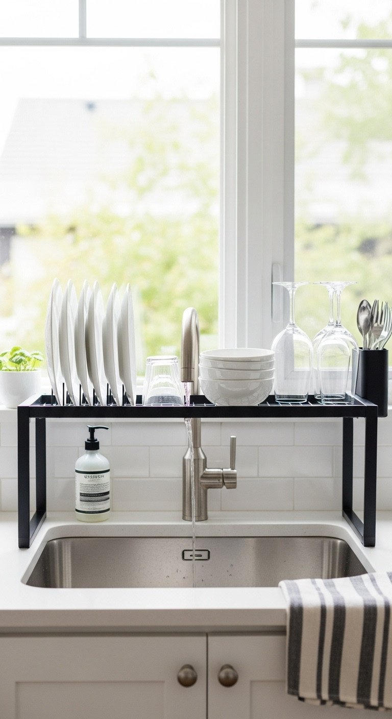 Sleek black over-the-sink dish drying rack holding white plates bowls and wine glasses in a stainless steel sink