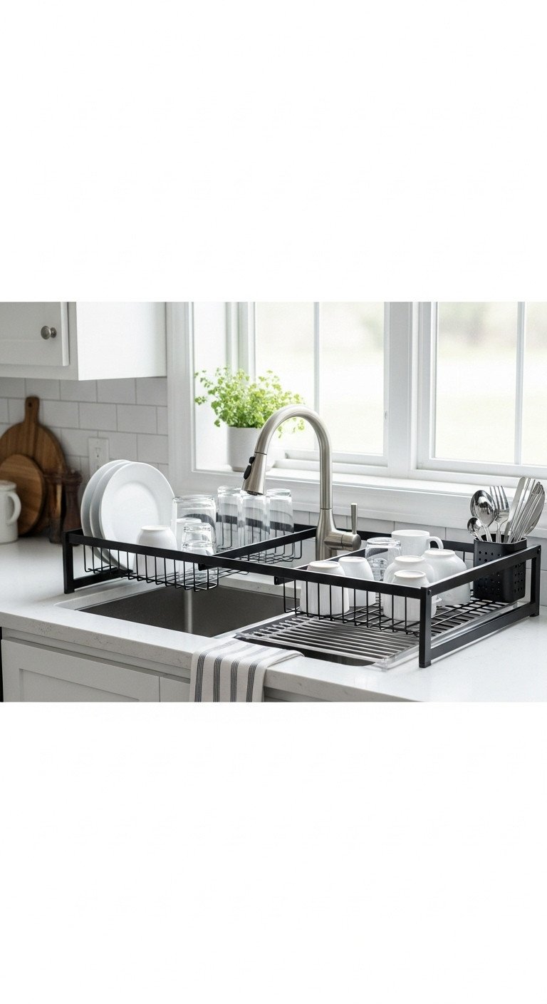 Sleek black over the sink dish rack with drying white ceramic dishes glasses and utensils in a modern kitchen
