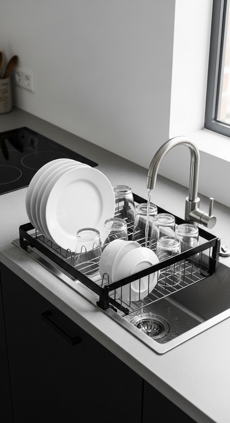 Sleek black stainless steel over the sink dish drying rack filled with clean white plates and glasses in a modern apartment kitchen