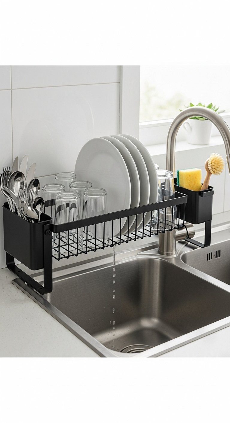 13 Genius Studio Apartment Kitchen Hacks That Save Space 7 Sleek black stainless steel over-the-sink dish drying rack with white dishes, glasses, silverware in a modern, organized kitchen. Home decor.