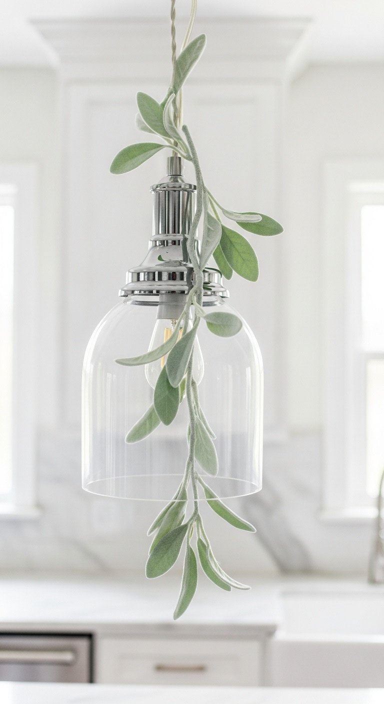 Sleek chrome and glass kitchen pendant light with a soft faux lamb's ear garland. Modern elegant kitchen decor.