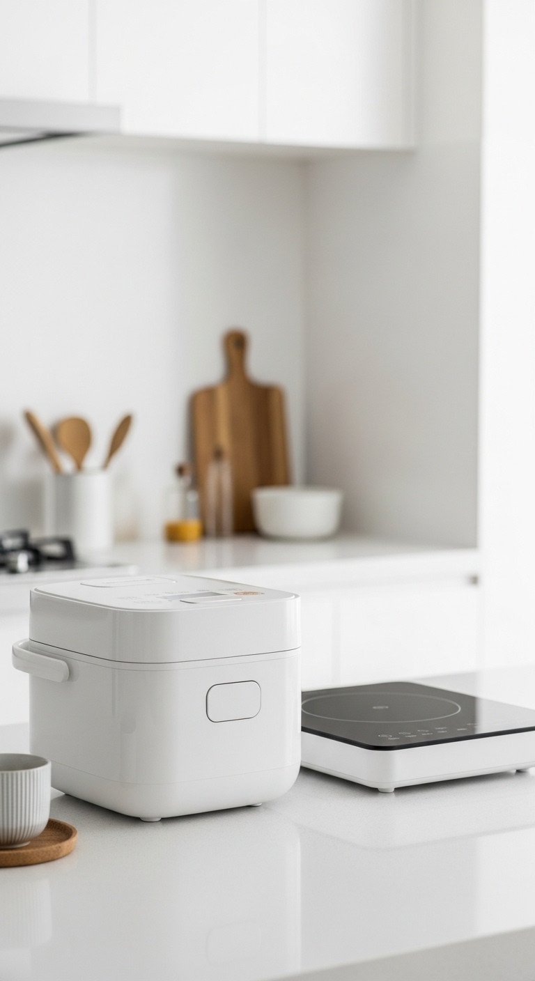 Sleek compact white rice cooker and single burner induction cooktop on a white quartz countertop