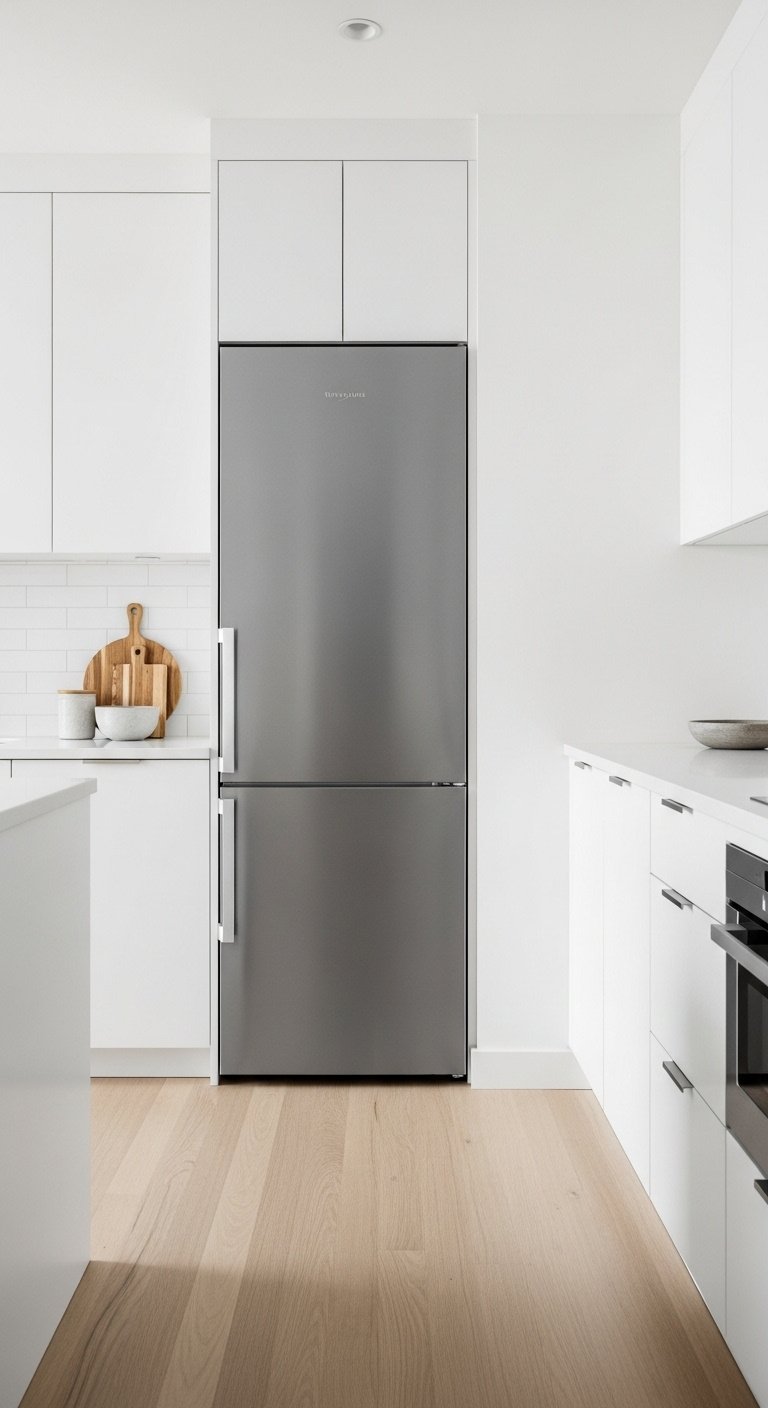 13 Brilliant Galley Kitchen Ideas To Maximize Your Space 11 Sleek counter-depth stainless steel refrigerator flush with white cabinets in a modern galley kitchen, enhancing space.
