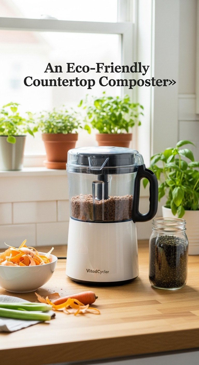 Sleek countertop composter next to a bowl of vegetable scraps on a butcher block counter