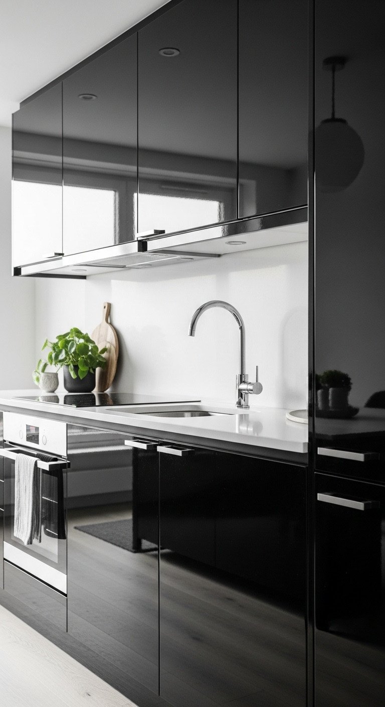 Sleek, high-gloss black cabinets in a modern apartment kitchen reflect natural light. Elegant design with chrome faucet, green plant.